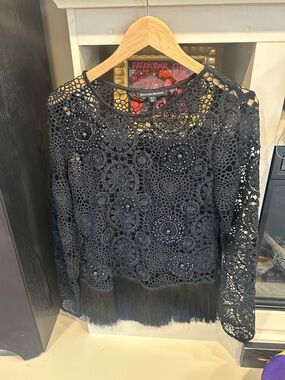 Boston Proper Black Crochet Fringe Long Sleeve Blouse